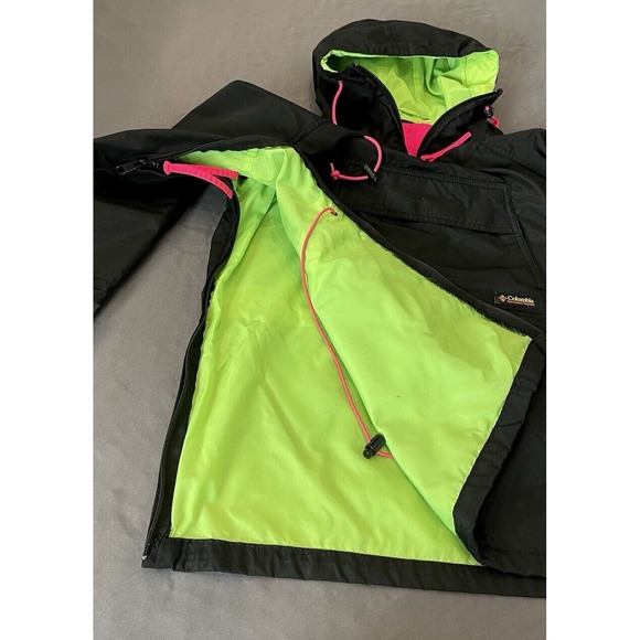 Vintage Columbia Jacket Mens Small Black Pink Green Bugaboo 90s Windbreaker - Picture 10 of 15